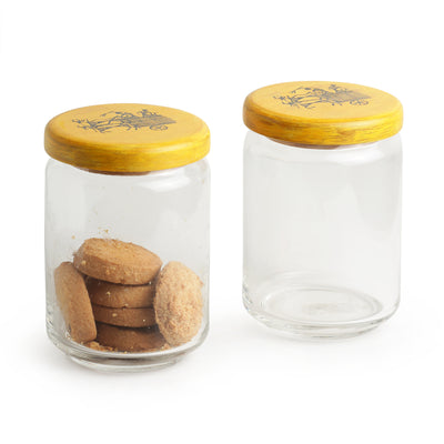 ‘Duals Of Warli’ Hand-Painted Snacks & Cookies Jar Set In Glass & Wood