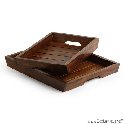 'Classic Wood Pair' Handcrafted Serving Trays In Sheesham Wood (Set Of 2)
