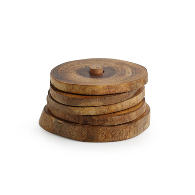 'Stack-Circles of Wood' Log Handcrafted Coasters With Stand (Set Of 4)