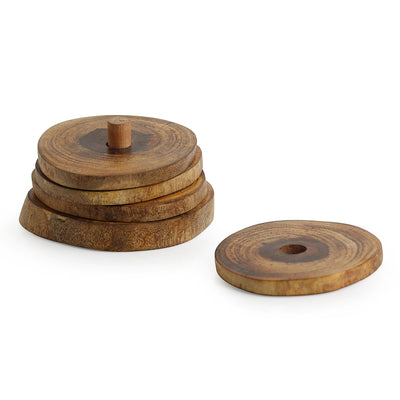 'Stack-Circles of Wood' Log Handcrafted Coasters With Stand (Set Of 4)