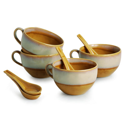 Soup Bowls With Spoons Dual Glazed Studio Pottery In Ceramic (Set Of 4)