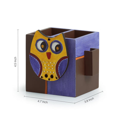 'Owl Motif' Cutlery & Toothpick Holder In Wood (3 Partitions)