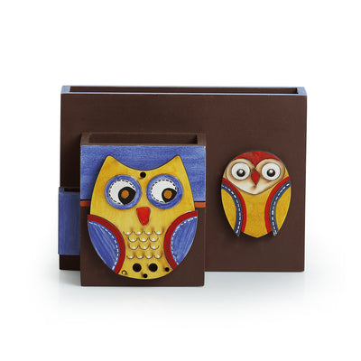 'Twin Owl Motifs' Cutlery Napkin & Toothpick Holder In Wood (3 Partitions)
