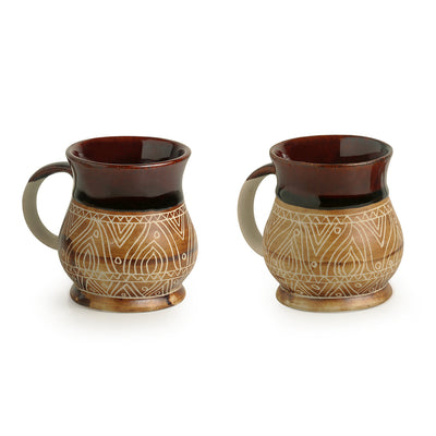 'Cocoa & Fire Carvings' Studio Pottery Tea & Coffee Mugs In Ceramic (Set Of 2)