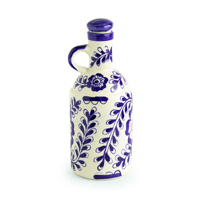 The 'Flowy Flora' Mughal Hand-Painted Ink Blue Decorative Ceramic Oil Bottle (1000 ML)