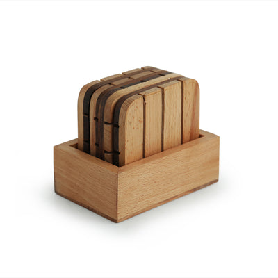 'Cornered Squares' Handcrafted Wooden Coasters With Stand (Set Of 4)