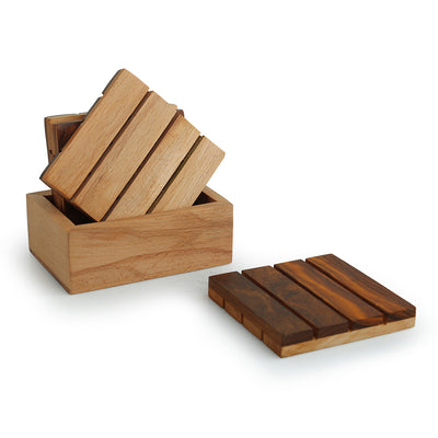 'Squares of Wood' Handcrafted Wooden Coasters With Stand (Set Of 4)