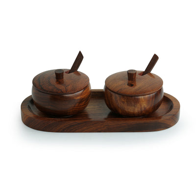 'Wood Pot Belly' Handcrafted Wooden Refreshment Jars And Tray