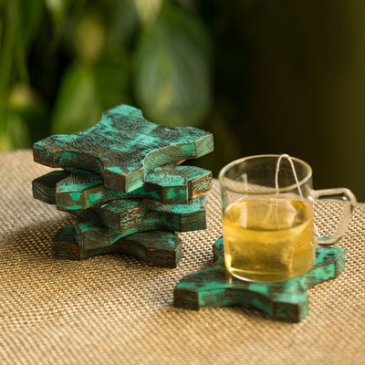 'Celestial Teal Stars' Antique Finish Coasters In Mango Wood (Set Of 6)