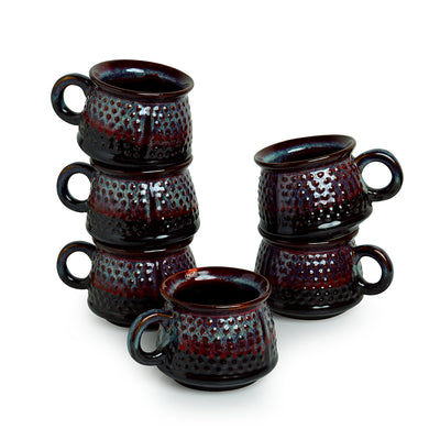 'Dimples of Crimson' Hand Glazed Studio Pottery Ceramic Tea & Coffee Cups (Set Of 6)