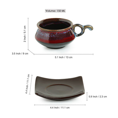 'Crimson Mascarene' Hand Glazed Studio Pottery Ceramic Tea Cups & Saucers Set (Set Of 6)