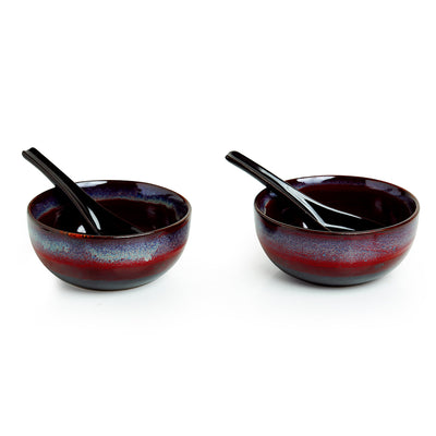'Magma Bowls' Hand Glazed Studio Pottery Ceramic Soup Bowls With Spoons (Set Of 2)