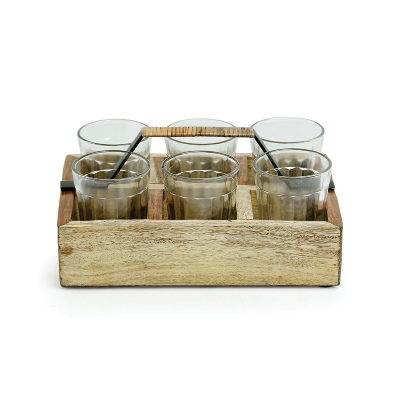 Cane Handwoven Tea Glasses Set In Sheesham Wood & Iron (Set of 6)