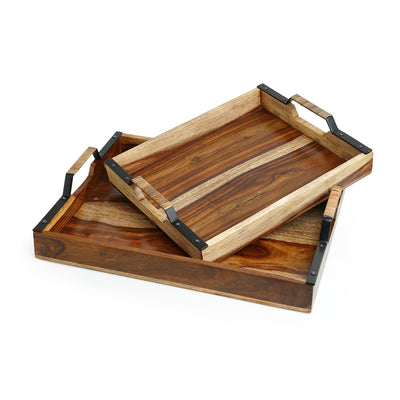 Cane Handwoven Nested Serving Trays Set In Sheesham Wood & Iron ( Set of 2)