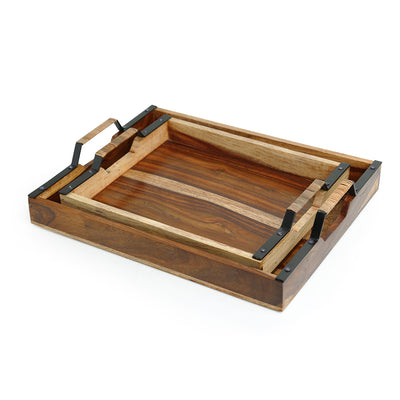 Cane Handwoven Nested Serving Trays Set In Sheesham Wood & Iron ( Set of 2)