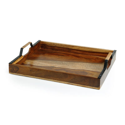 Cane Handwoven Nested Serving Trays Set In Sheesham Wood & Iron ( Set of 2)