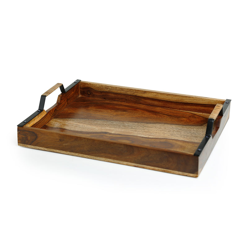 Cane Handwoven Nested Serving Trays Set In Sheesham Wood & Iron ( Set of 2)