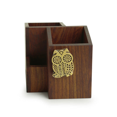 'Hoot Of The Owl' Cutlery Holder Handcrafted In Sheesham Wood