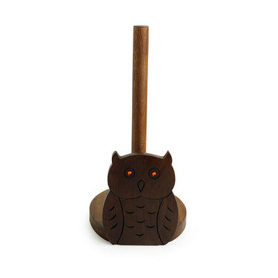 'Owl 'n' Roll' Paper Roll Holder With Hand Carved Owl Motif In Sheesham Wood