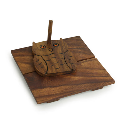 'Owl On Board' Tissue Holder With Hand Carved Owl Motif In Sheesham Wood