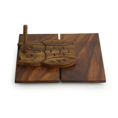 'Owl On Board' Tissue Holder With Hand Carved Owl Motif In Sheesham Wood
