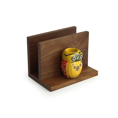 'An Owl's Vibrance' Handmade Tissue Holder With Handcrafted Owl Motif Toothpick Holders In Sheesham Wood
