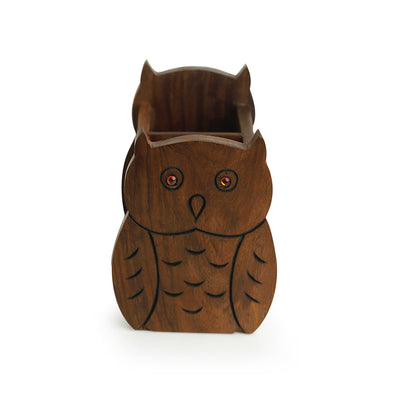 'The Delightful Owls' Cutlery Cum Stationery Holder In Sheesham Wood
