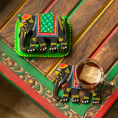 'The Resting Elephants' Hand-Painted Coasters In Chilbil Wood (Set of 6)