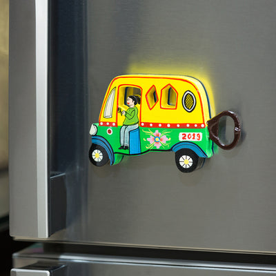 'The Riding Auto' Hand-Painted Bottle Opener & Fridge Magnet In Chilbil Wood