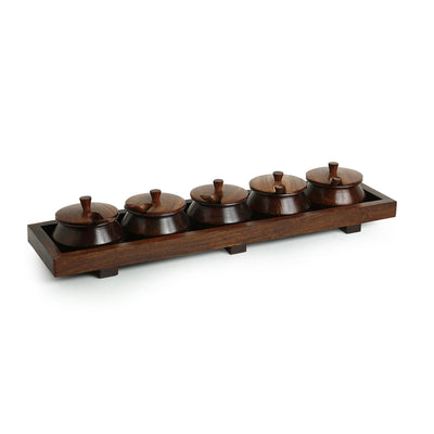 Handcrafted Rectangular Jar Set With Tray & Spoons In Sheesham Wood