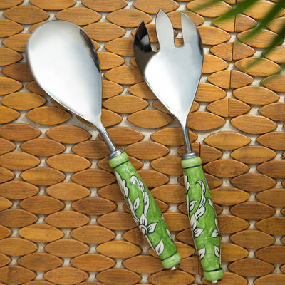 The Mughal Zahri' Hand-Painted Serving Spoon & Fork Set In Stainless Steel & Ceramic (Set of 2)