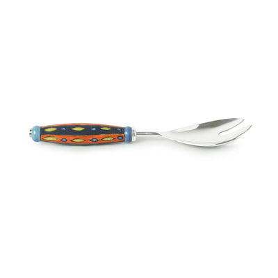 The Mughal Aakar' Hand-Painted  Serving Spoon & Fork Set In Stainless Steel & Ceramic (Set of 2)