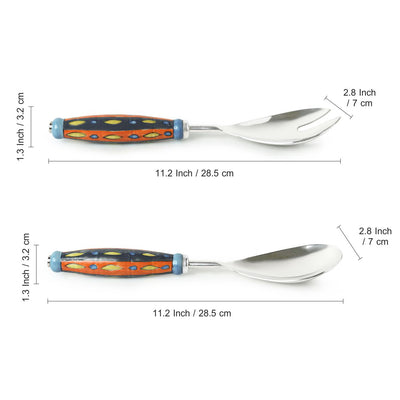 The Mughal Aakar' Hand-Painted  Serving Spoon & Fork Set In Stainless Steel & Ceramic (Set of 2)
