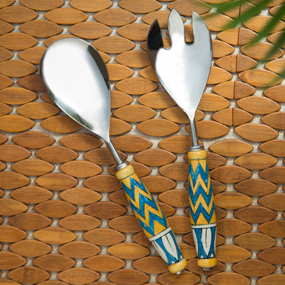 The Mughal Paich Daar' Hand-Painted Serving Spoon & Fork Set In Stainless Steel & Ceramic (Set of 2)