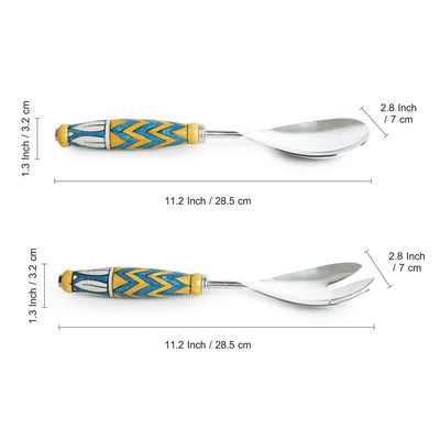 The Mughal Paich Daar' Hand-Painted Serving Spoon & Fork Set In Stainless Steel & Ceramic (Set of 2)