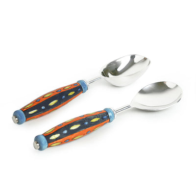 The Mughal Aakar' Hand-Painted Serving Spoon Set In Stainless Steel & Ceramic (Set of 2)