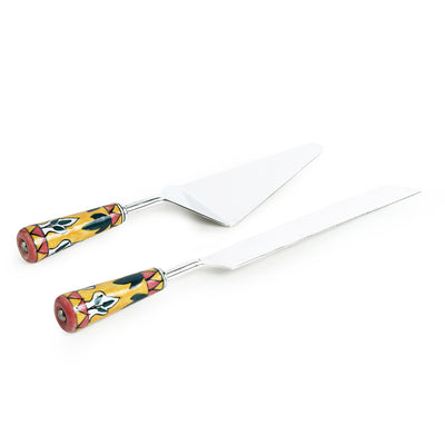 The Mughal Patti' Hand-Painted Cake Server & Bread Knife In Stainless Steel & Ceramic (Set of 2)