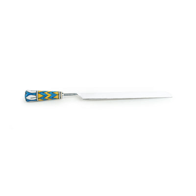 The Mughal Paich Daar' Hand-Painted Cake Server & Bread Knife In Stainless Steel & Ceramic (Set of 2)