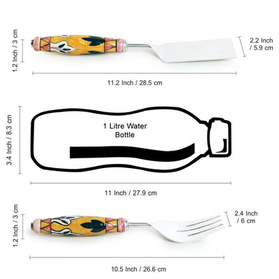 The Mughal Patti' Hand-Painted Serving Fork & Scraper In Stainless Steel & Ceramic (Set of 2)