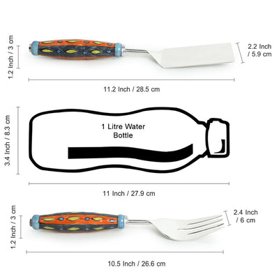 The Mughal Aakar' Hand-Painted Serving Fork & Scraper In Stainless Steel & Ceramic (Set of 2)