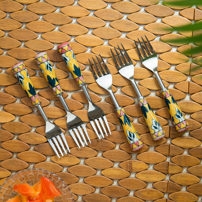 The Mughal Patti' Hand-Painted Table Forks In Stainless Steel & Ceramic (Set of 6)