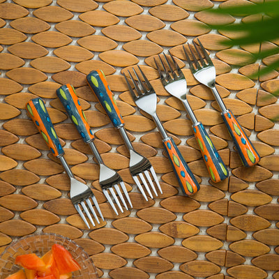 The Mughal Aakar' Hand-Painted Table Forks In Stainless Steel & Ceramic (Set of 6)