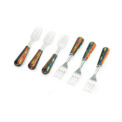 The Mughal Aakar' Hand-Painted Table Forks In Stainless Steel & Ceramic (Set of 6)