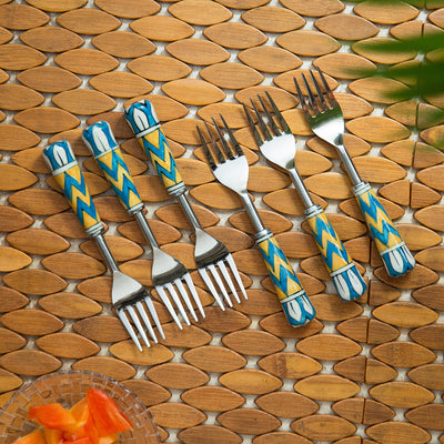 The Mughal Paich Daar' Hand-Painted Table Forks In Stainless Steel & Ceramic (Set of 6)