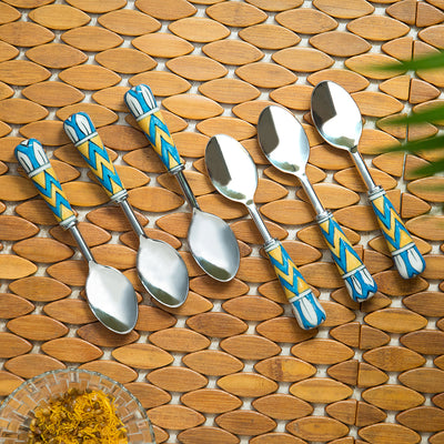 The Mughal Paich Daar' Hand-Painted Table Spoons In Stainless Steel & Ceramic (Set of 6)