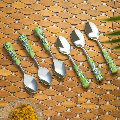The Mughal Zahri' Hand-Painted Table Spoons In Stainless Steel & Ceramic (Set of 6)