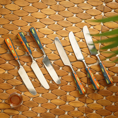 The Mughal Aakar' Hand-Painted Table Knives In Stainless Steel & Ceramic (Set of 6)