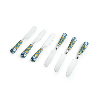 The Mughal Paich Daar' Hand-Painted Table Knives In Stainless Steel & Ceramic (Set of 6)