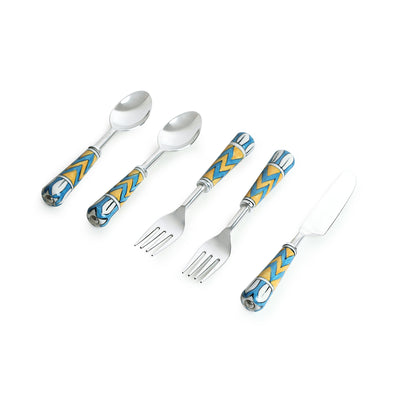 The Mughal Paich Daar' Hand-Painted Table Cutlery Set In Stainless Steel & Ceramic (Set of 5)