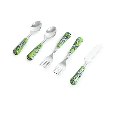 The Mughal Zahri' Hand-Painted Table Cutlery Set In Stainless Steel & Ceramic (Set of 5)